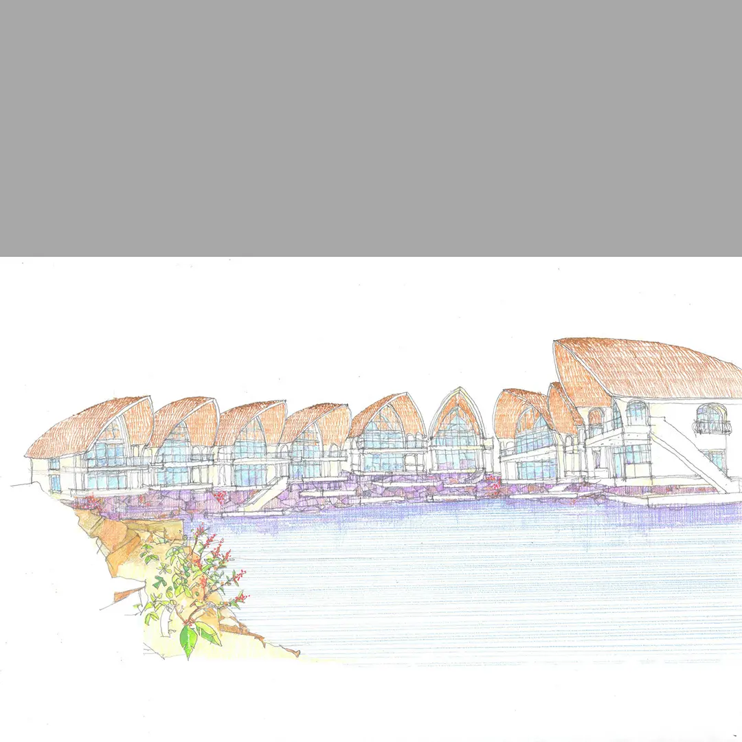 drawing of a building by the sea