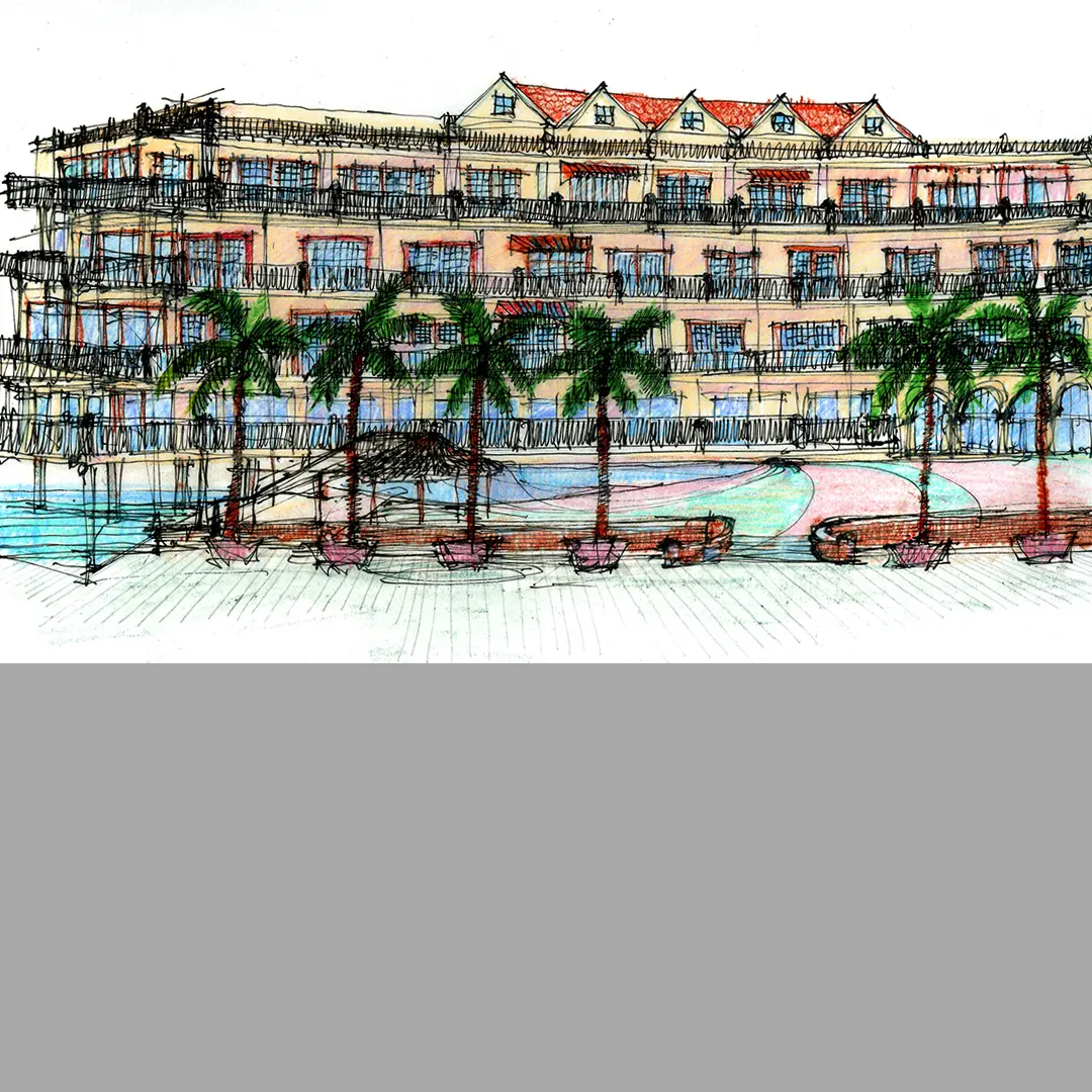 drawing of a huge resort and trees
