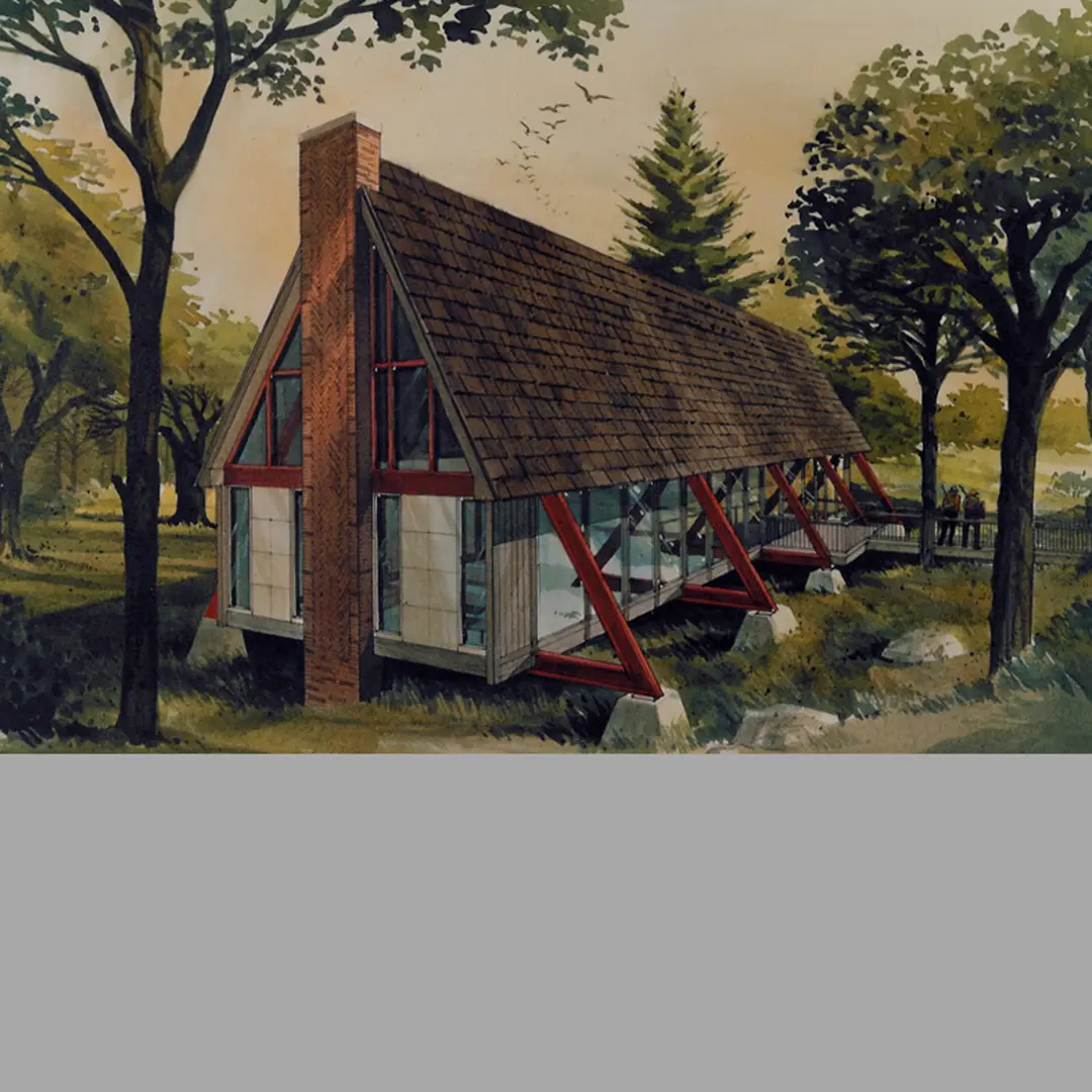 Painting of a hut and trees surrounding it