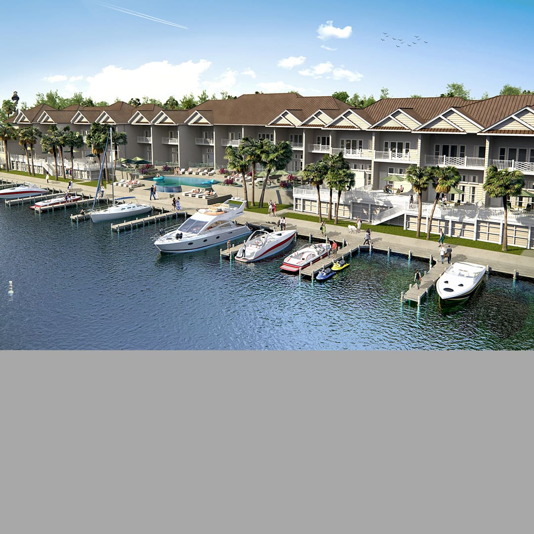 A view of a resort with boats