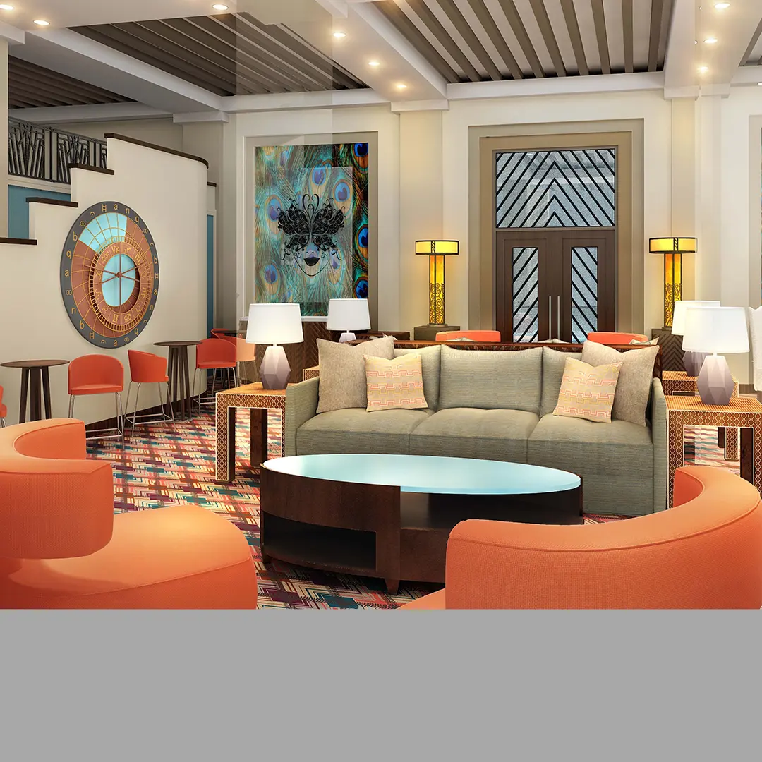 Beautiful room with orange and green color sofas
