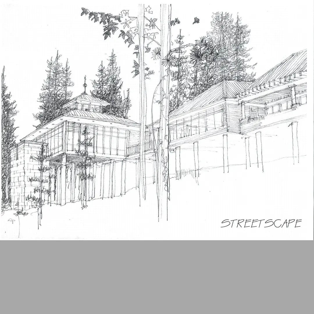 Pencil drawing of a building by streetscape
