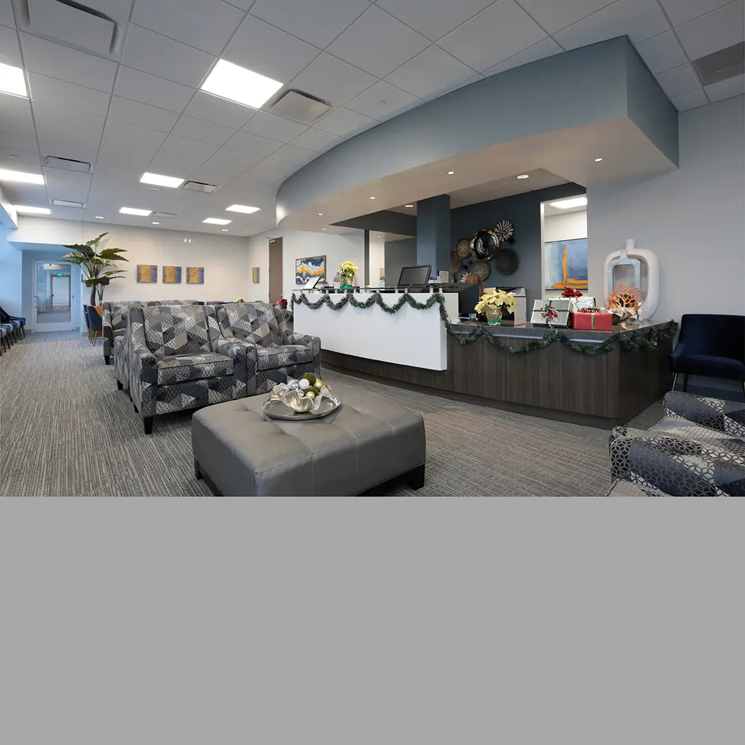 Close view of gray color sofas in the reception area