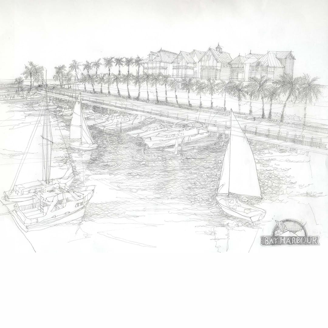 Pencil sketch of boats, houses and trees