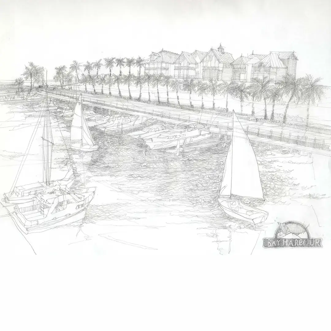 Pencil sketch of boats, houses and trees